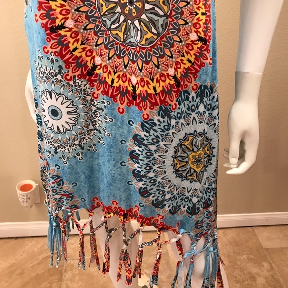 Summer Sleeveless Dress Size M Beach Dress Boho Print Tie Fringe Hemline - Picture 11 of 14